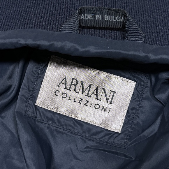 Armani Collezioni Windbreaker Blouson Leather Trim Striped Blue Jacket Mens 46 - Picture 8 of 13